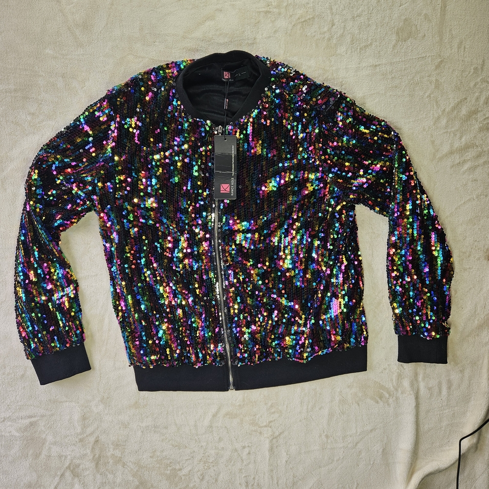 KANCY KOLE Womens Sequin Bomber Jacket Rainbow Zip Front Party Blazer Size L - Picture 4 of 8